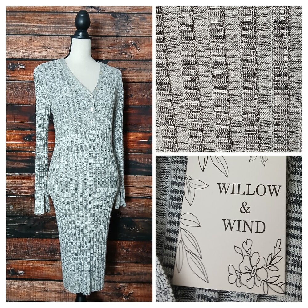 NWT Willow & Wind Midi Sweater Dress M Heathered Gray Ribbed Knit Long Sleeve